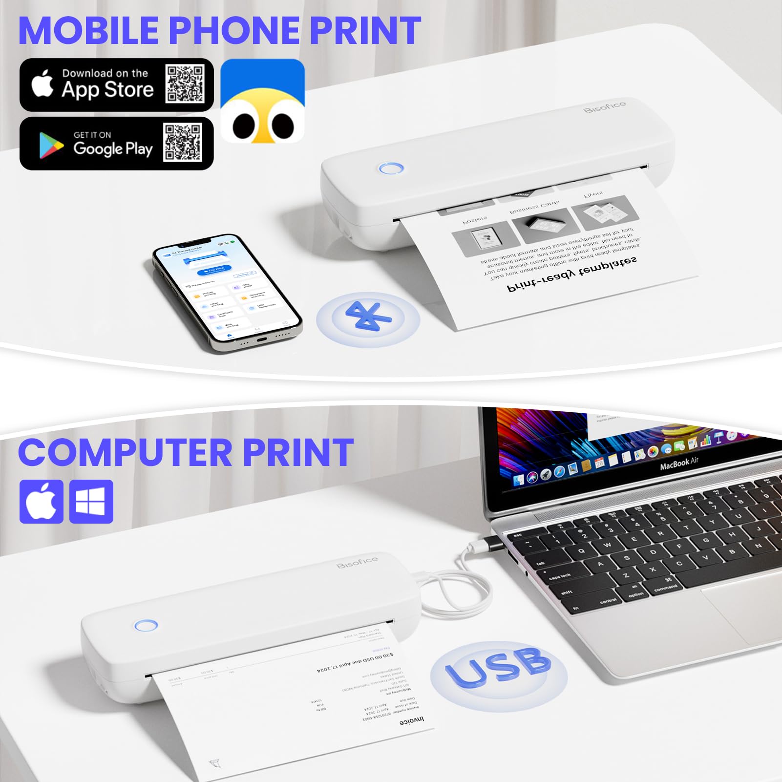 Bisofice Stampante Termica Portatile A4, 300DPI Stampante Bluetooth Senza inchiostro, Adatto per carta 2''/3''/4''/8'', Stampante Compatta per Ufficio, Viaggi, Studio, Casa, Bianco
