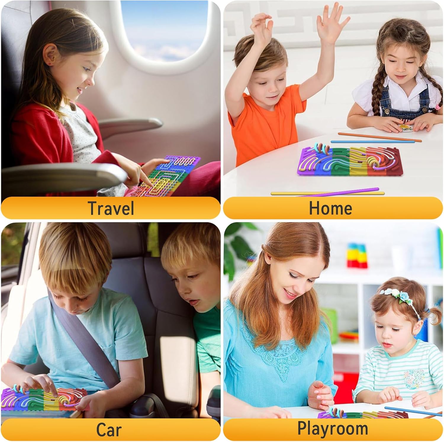 2PCS Sensory Activity Board with 40 Strings, Sensory Toys for Autism, Silicone Fidget Toys for Kids & Adults, ADHD, Calming, Stress, Anxiety, Silent, No Mess, Travel toys, ‎Rainbow & Burgundy