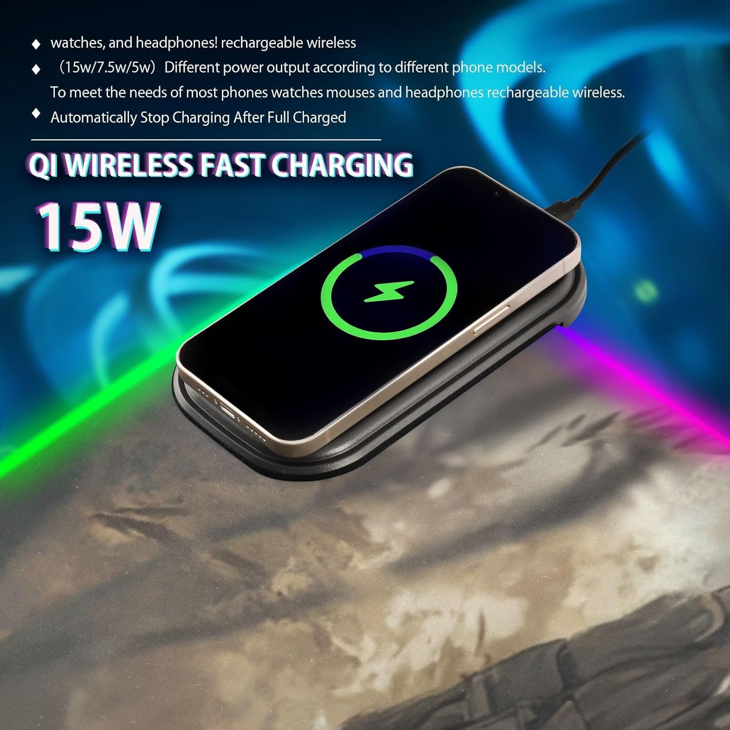 AIXIWAWA Retro Skull Soldier Wireless Charging Mouse Pad 15 W, Retro Skull Soldier Print RGB Glowing Fabric Mouse Mat Large Oversized Gaming Keyboard Pad for Desk Large