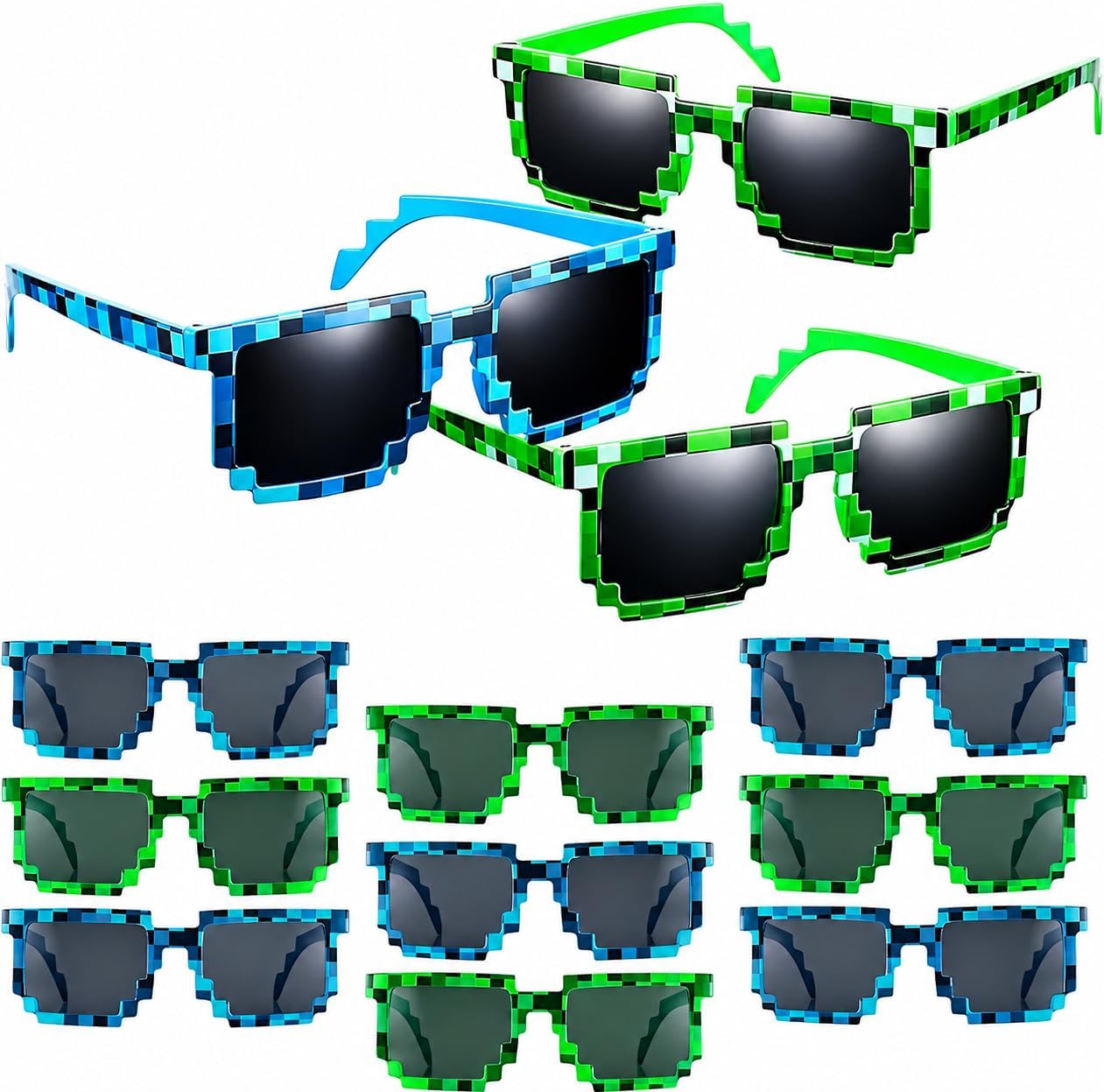 Playbees 12 Pack Pixel Sunglasses - Retro Gamer Pixelated Glasses for Kids & Adults - Neon Party Favors - UV Protected