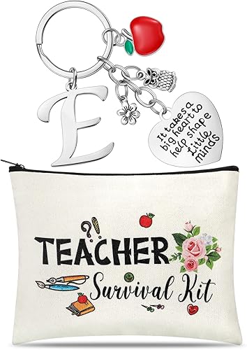 Miniatura 9 de Juego de regalo de agradecimiento para profesores, llavero para profesores con inicial, kit de bolsa de maquillaje, juego de bolsa de regalo de