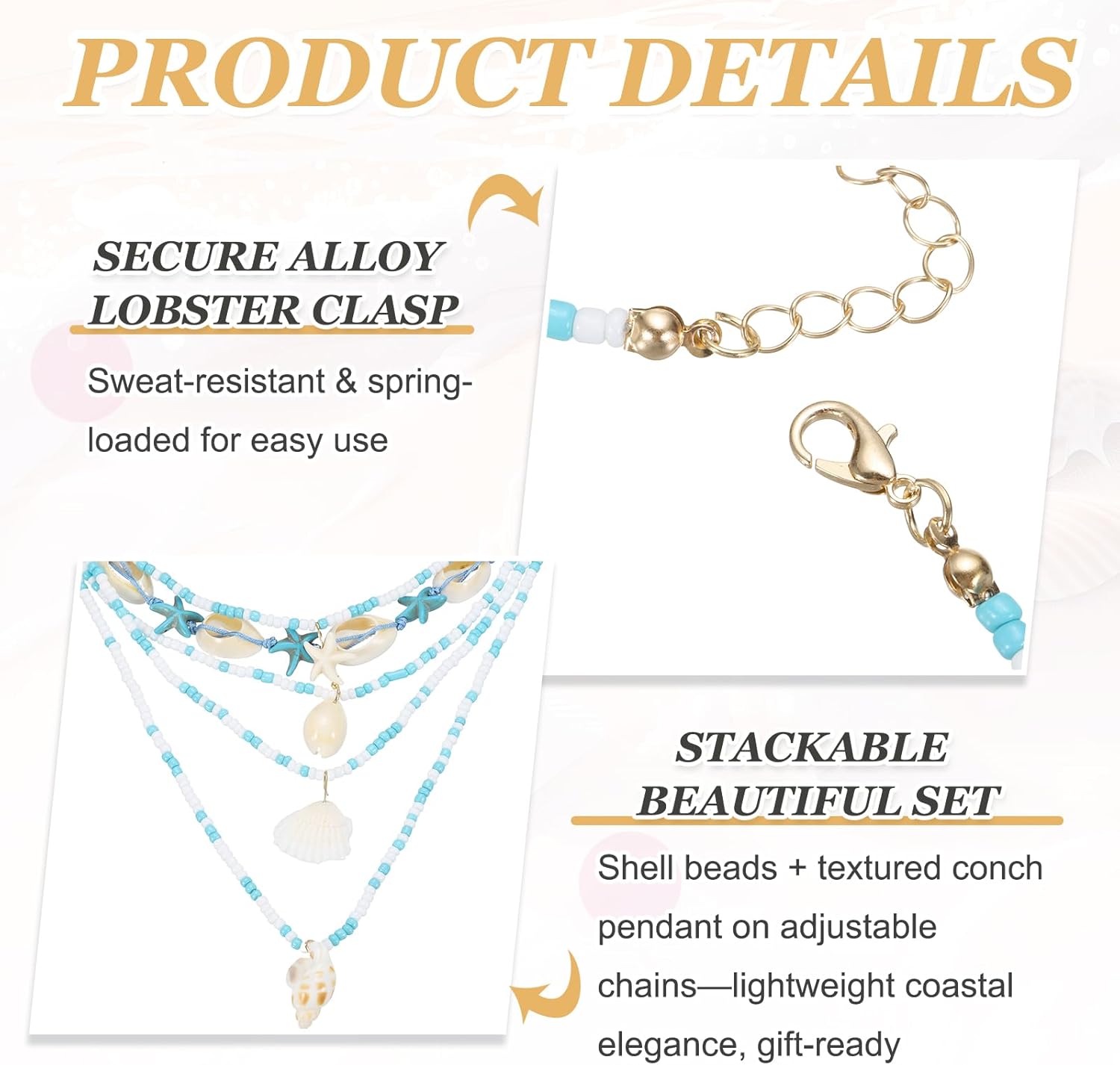 MECCANIXITY Sea Shell Necklace for Women, Handmade Summer Bead Beach Shell Charm Starfish Bead Necklace Layered Adjustable Boho Beach Jewelry for Vacation Gift (Blue, Pack of 5) - Image 3