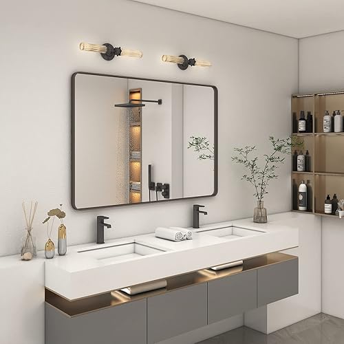 Miniatura 2 de CHARMOR Espejo de baño de bronce de 40 x 32 pulgadas para pared, espejo de tocador de baño con marco de metal cepillado, espejo rectangular moderno,