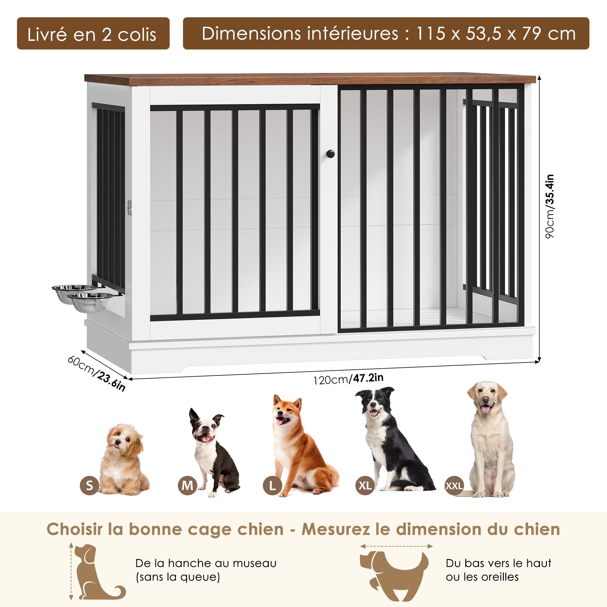 Cage pour Chien 120 cm XXL avec Porte Coulissante Meuble Buffet 2 Plateaux Amovibles Blanc Marron