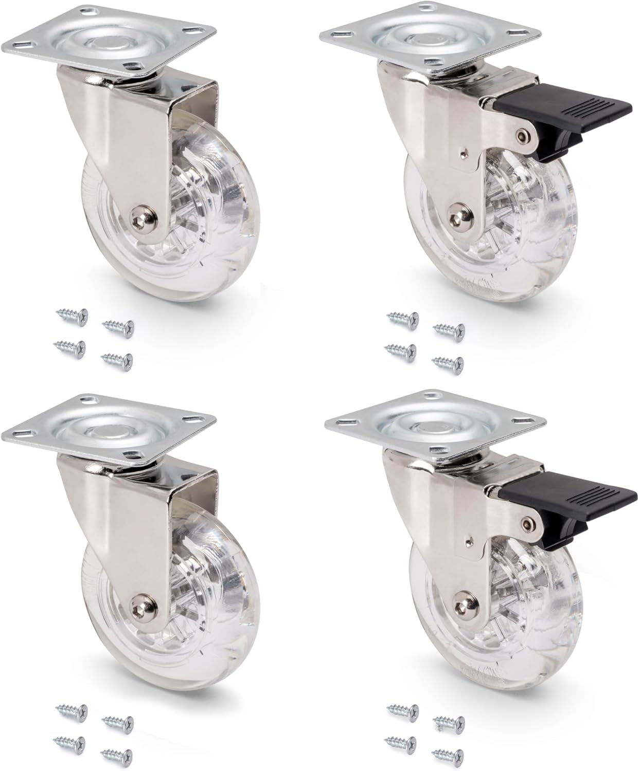 Emuca - Pack of 4 Transparent Swivel castors for Furniture (2 with Brake and 2 Without Brake) 75mm (2,9 inch) Diameter with Fixing Plate and Ball Bearings