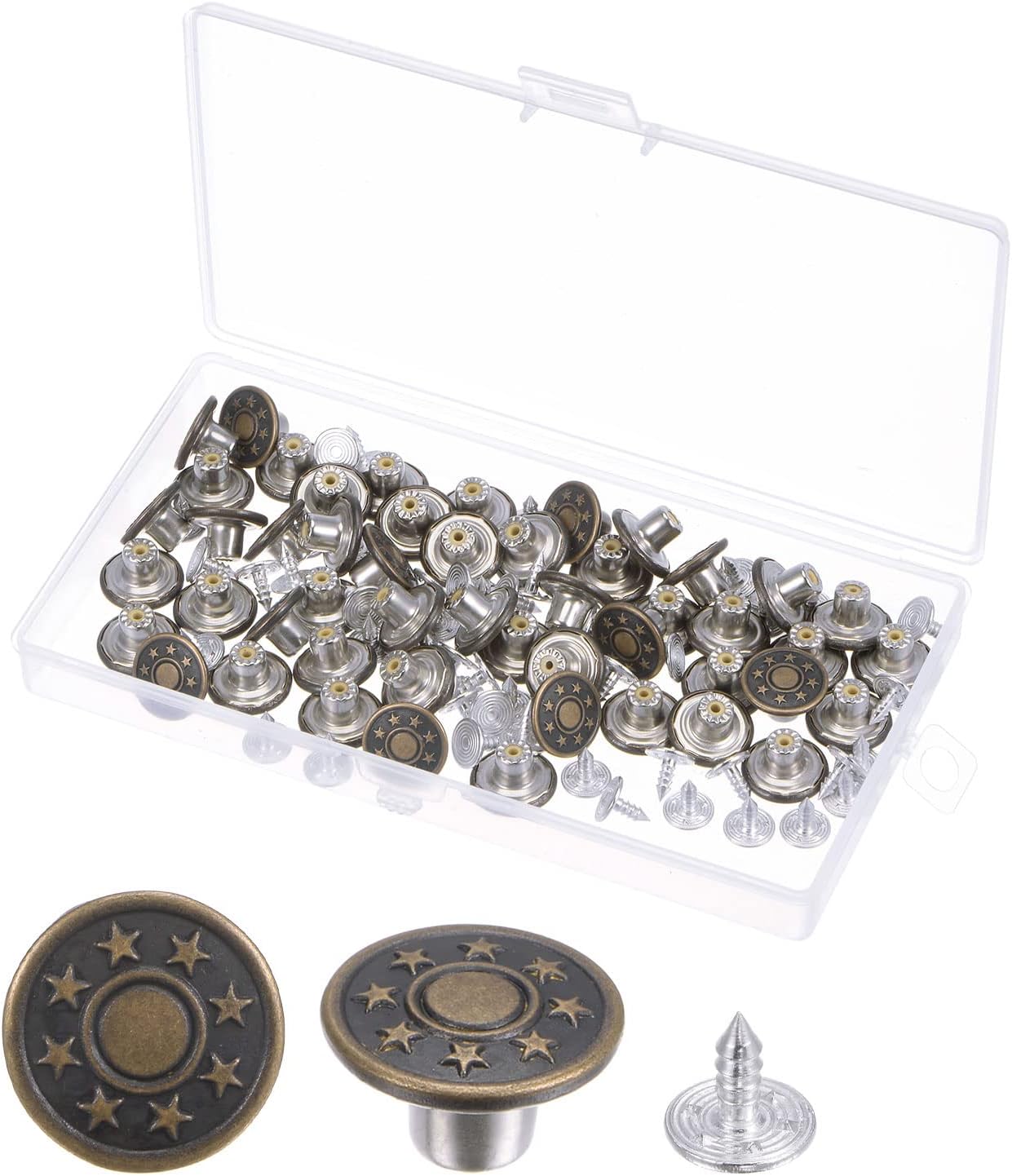 HARFINGTON 100 Sets Button Pins for Jeans, 15mm No-Sew Removable Instant Adjustable Replacement Metal Embossed Pattern Denim Jeans Buttons Pins Tightener for Pants Bags Hats, Bronze