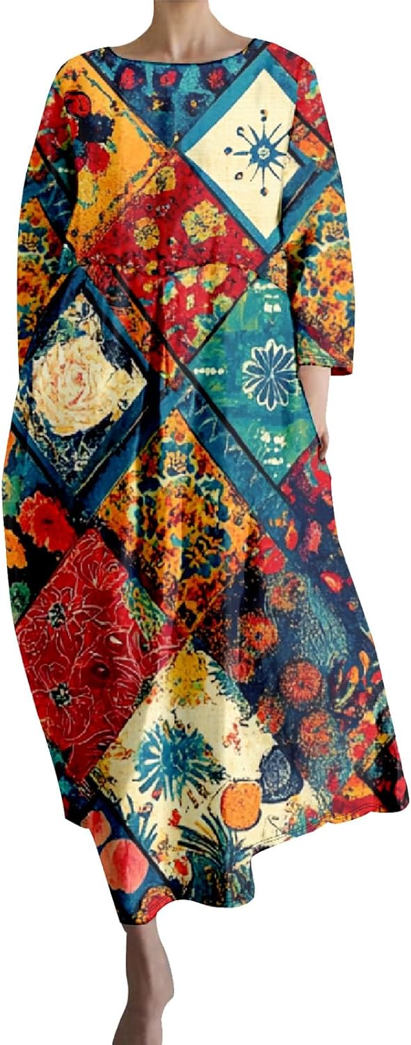 Zhyaj Women's Cotton Linen Blend 3/4 Sleeve Floral Print Maxi Dress Ladies Summer Loose Flowy Long Dresses with Pockets
