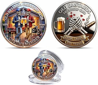 Old Friends Forever Club Challenge Coin, Funny Brotherhood Commemorative Coin, Old Bastards Friendship Club Token, Skeleton Drinking Buddies Keepsake, Humorous Gift for Men Dad Friends 1PCS