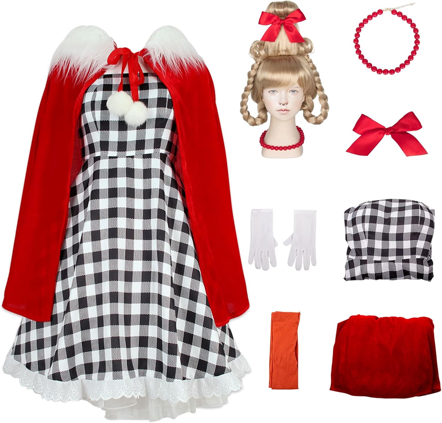 7pcs Cindy Lou Who Costume Kids Girls Cindy Dress Cape Gloves Socks With Bow Necklace Christmas Halloween Cosplay Red 120