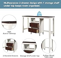 Vista 5 de Knocbel Mesa de comedor y taburetes de altura de mostrador, juego de mesa de comedor de 3 piezas con 2 cajones de almacenamiento y asiento acolchado