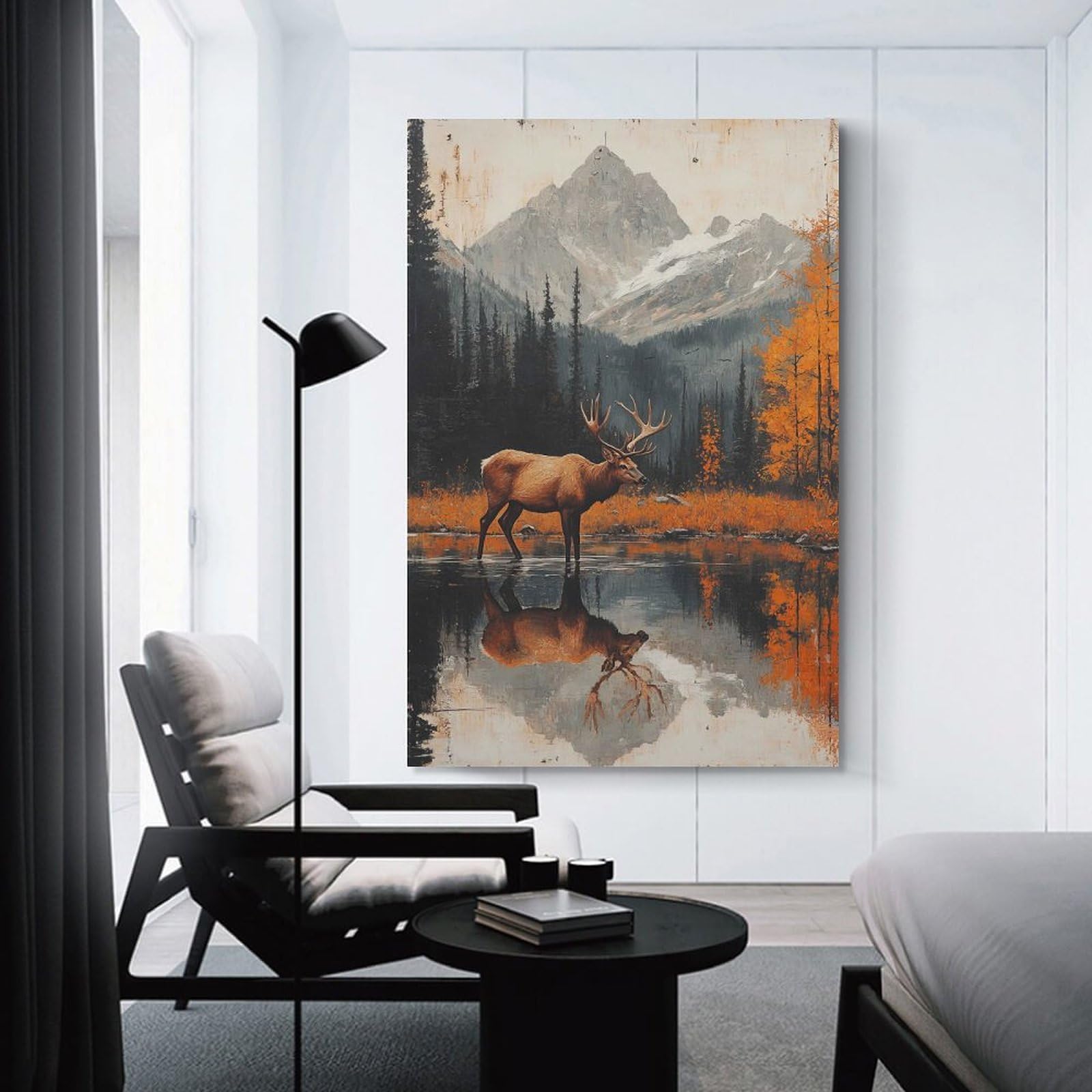 Junmoney Unframe-Style-11 Elk In Mountain Lake Hanging Wall Art, 20X30inch(50X75cm), For Bedroom Decor, Cosy Corners Or Studios, An Easy Wall Refresh For Bedrooms