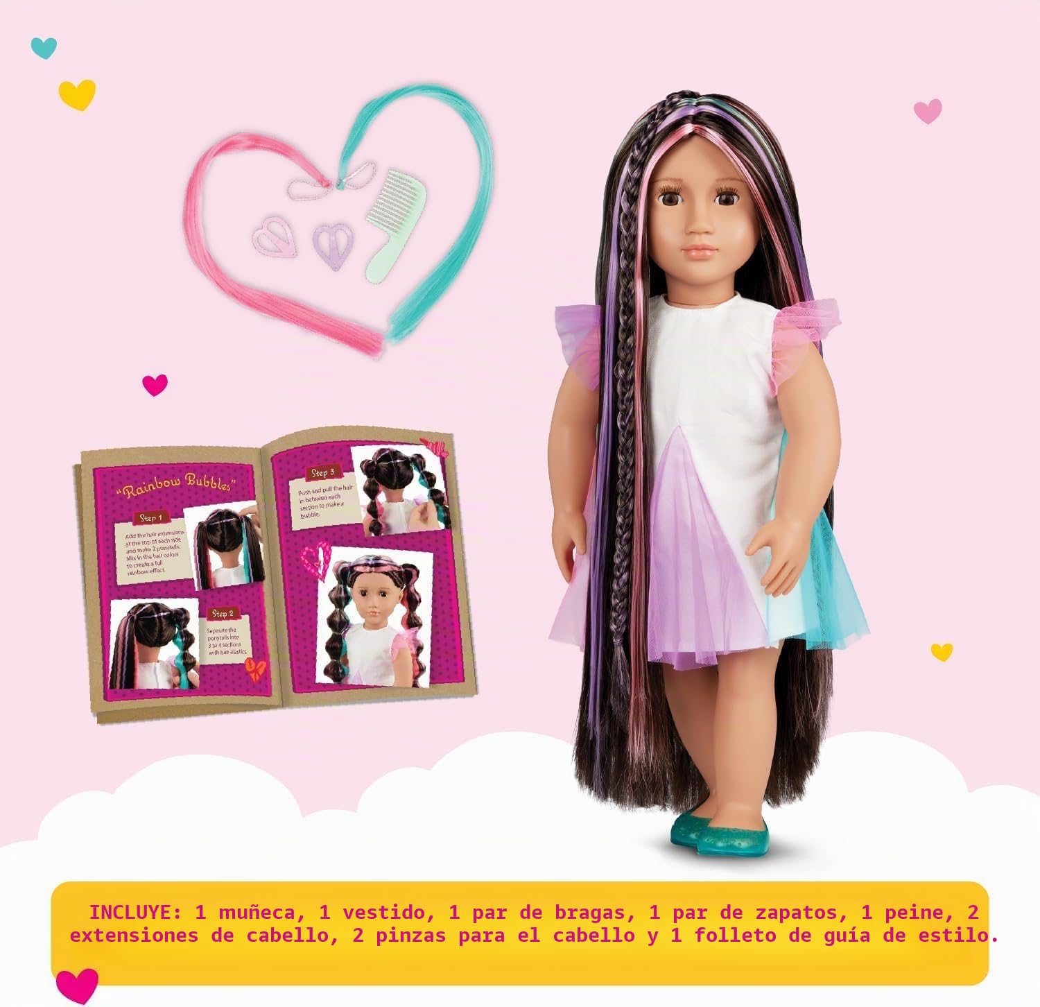 Our Generation - Tina - from Hair to There - Muñeca Cabello Crece de 46cm - Cabello arco iris ultralargo y ojos marrones realistas - Juguete para niños a partir de 3 años