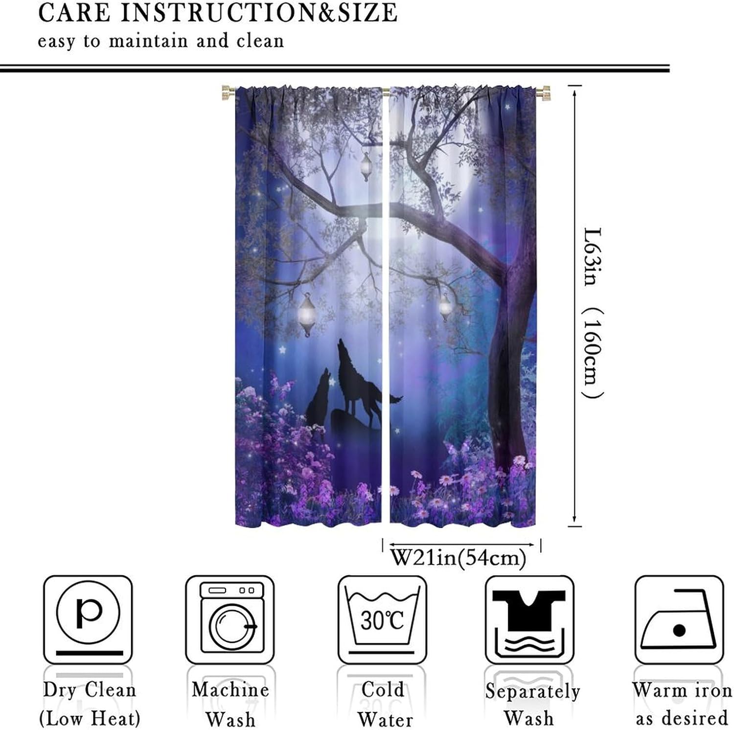 Fantastic Wolf Curtains, Silhouette Wildlife Howling at Glitter Moon in Dreamy Magic Forest Drapes, Thermal Insulation Blackout Rod Pocket Window Treatments for Living Room Bedroom Bathroom 42x63in