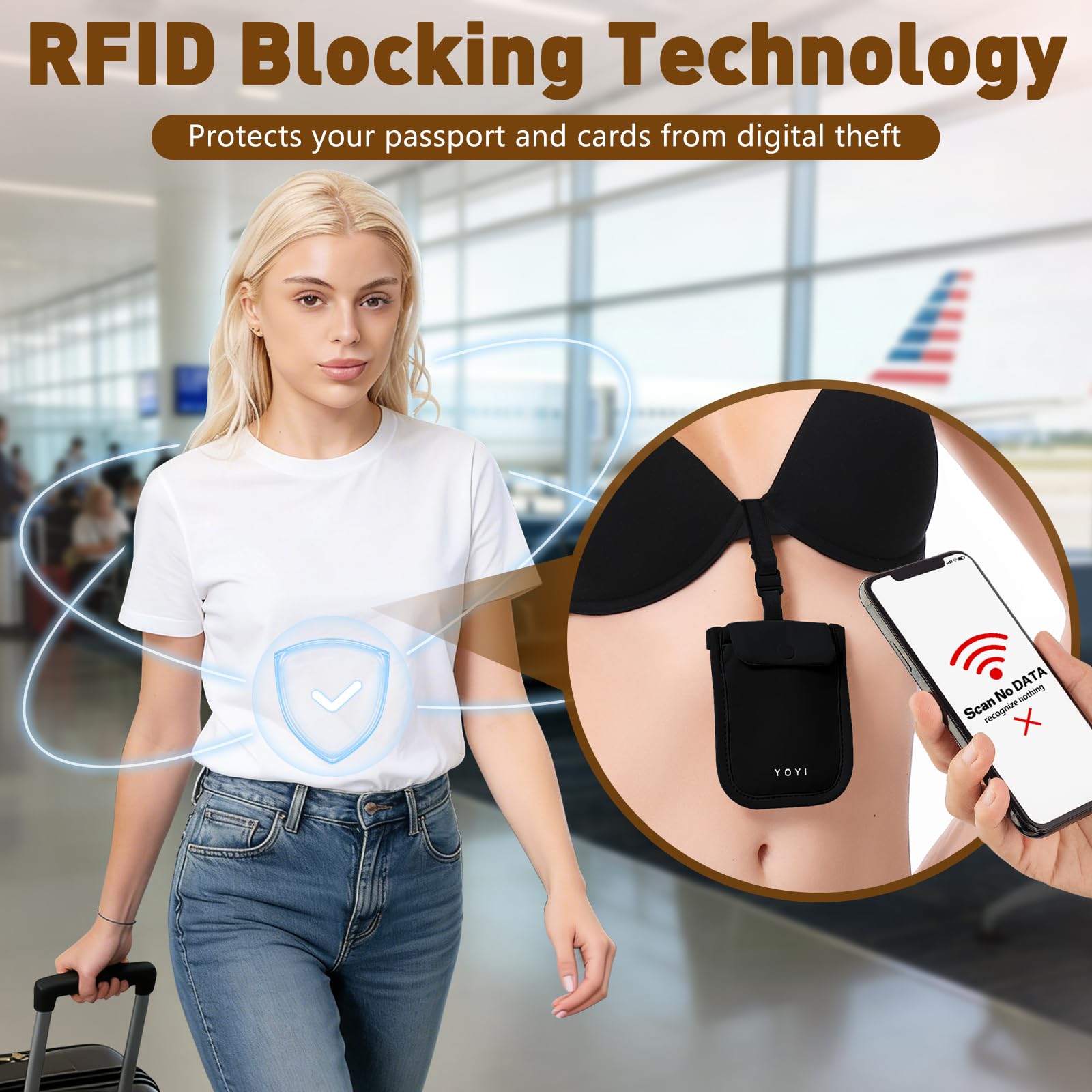YOYI YOYI Ukryty portfel na biustonosz RFID, ukryty portfel podróżny, sekretna kieszeń do przechowywania – karty kredytowe, pieniądze i wartościowe przedmioty z regulowanym, elastycznym paskiem
