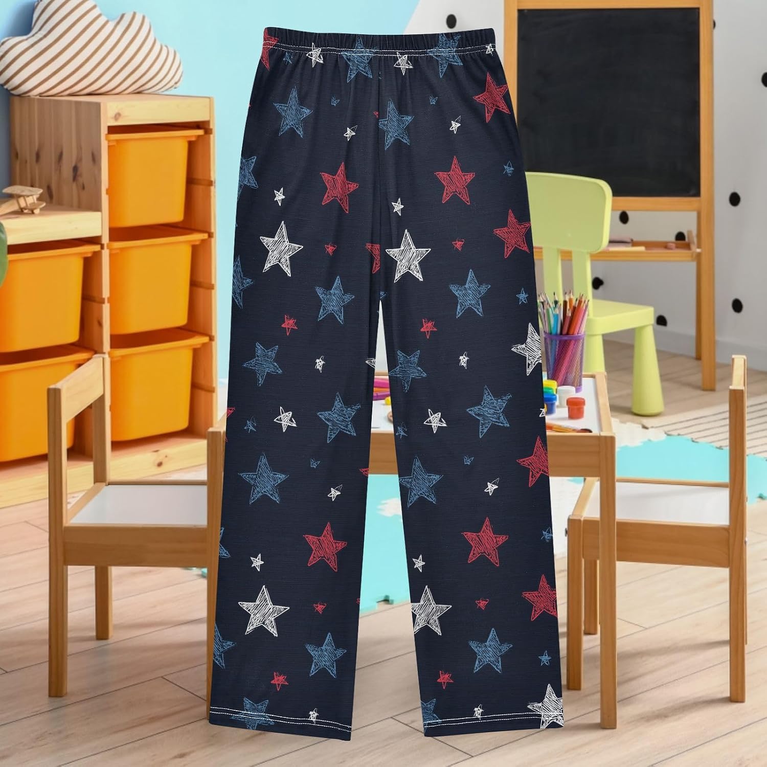visesunny Boys' Pants Red Blue White USA Stars Sketch Hand-Drawn Jogger Pants Elastic Waist Long Bottoms S-XL
