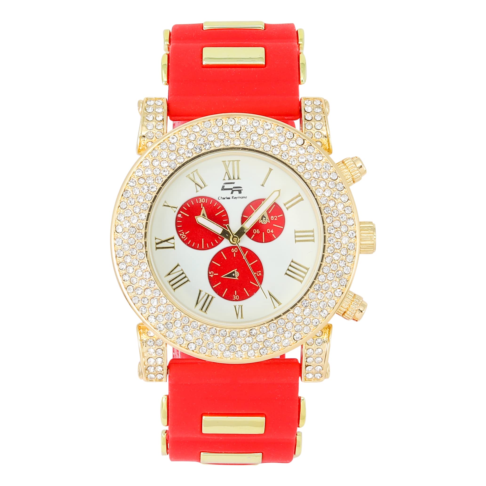 Iced Oversized Hip Hop Bullet Rubber Band Mens Watch, That Shows Your Lust for Life - GJM (ST10248 Red White Dial)