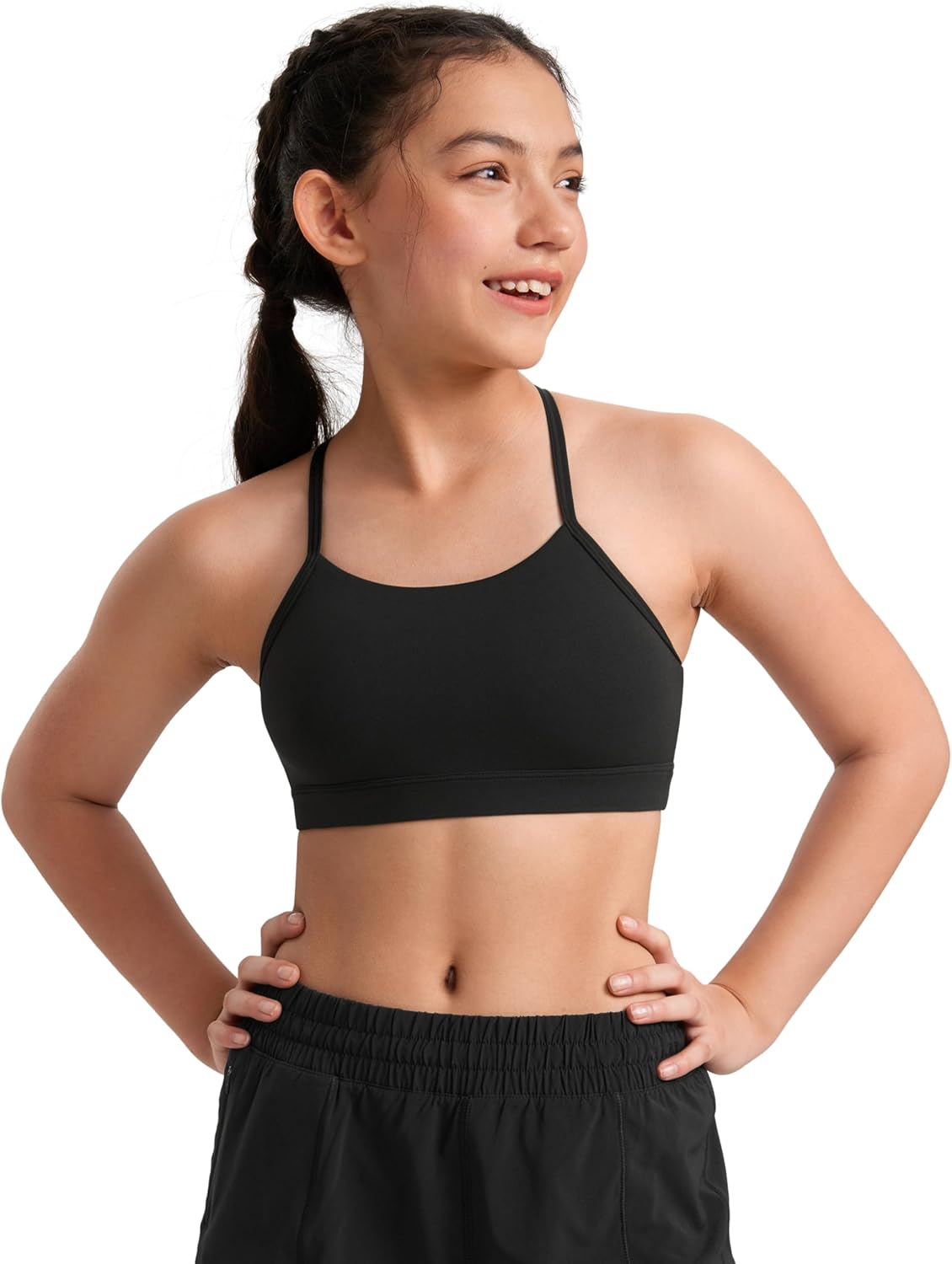 CRZ YOGA Girls Butterluxe Y Back Sports Bra - Yoga Athletic Casual Tops Scoop Neck Spaghetti Strap Padded Crop Kids Teen