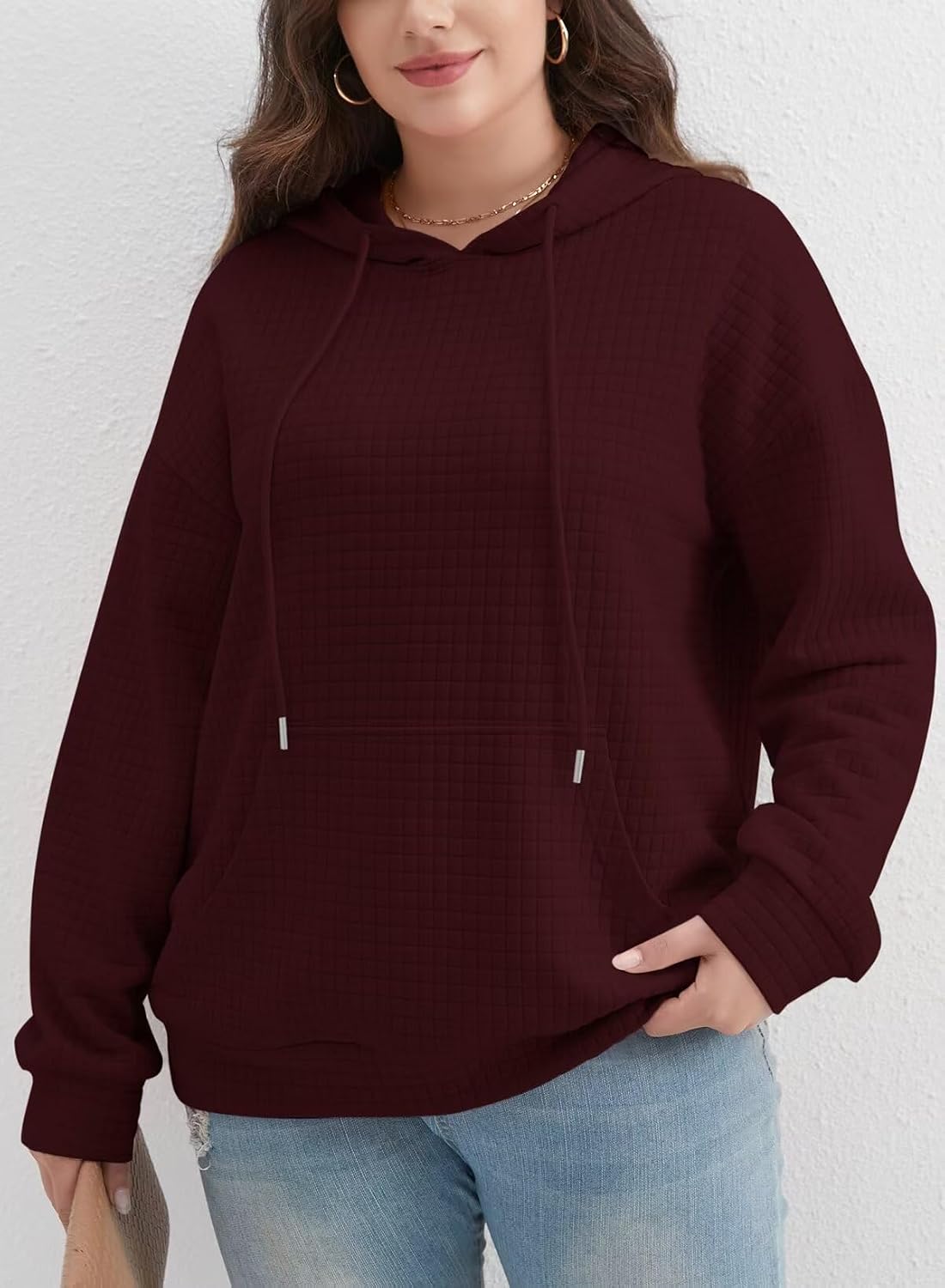 Womens Plus Size Tops Fashion 2026 Spring Hoodies Sweatshirts Drawstring Long Sleeve Waffle Knit Pullover Sweatshirt