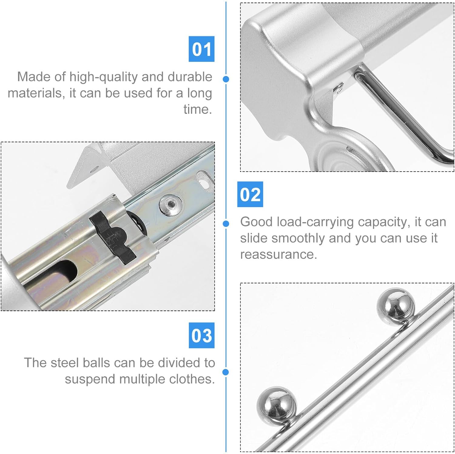 Top Mounted Pull-out Wardrobe Organizer Rack, Silver Double Rail Closet Rod with 7-ball Bearings, Extendable Clothes Hanging Bar for Closet Storage and Pants Hanger