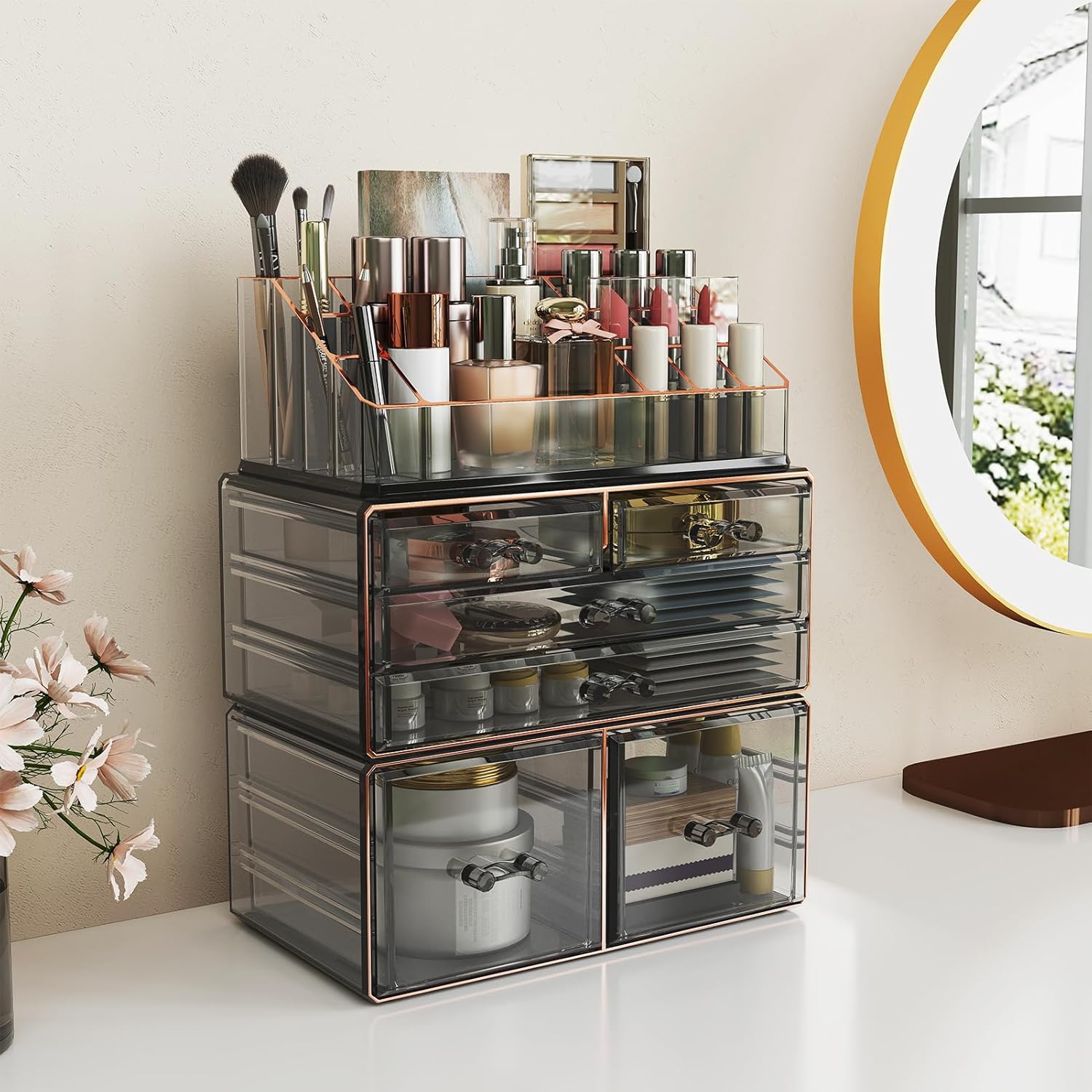 Delamu 3-Tier 6-Drawer Makeup Organizer Countertop Cosmetic Organizer for Dresser and Vanity Bathroom Organizers and Storage for Lipstick Brush Skincare Perfume, Nail Polish, Black with Gilded Borders