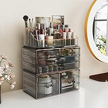Delamu 3-Tier 6-Drawer Makeup Organizer Countertop Cosmetic Organizer for Dresser and Vanity Bathroom Organizers and Storage for Lipstick Brush Skincare Perfume, Nail Polish, Black with Gilded Borders