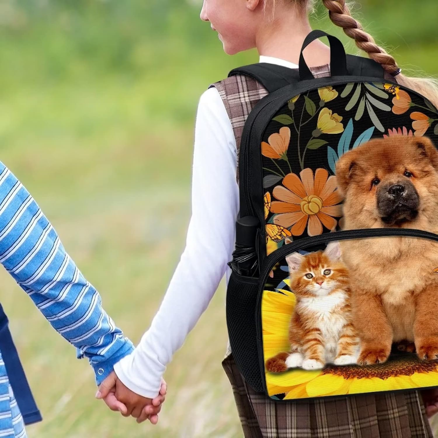 Flower Cat Puppy Dog Print Backpacks for Boys Girls Durable Soft Padded Back Lightweight School Bookbag Kids Student Campus Travel Large 17 Inch Cute Backpack with Front Pocket