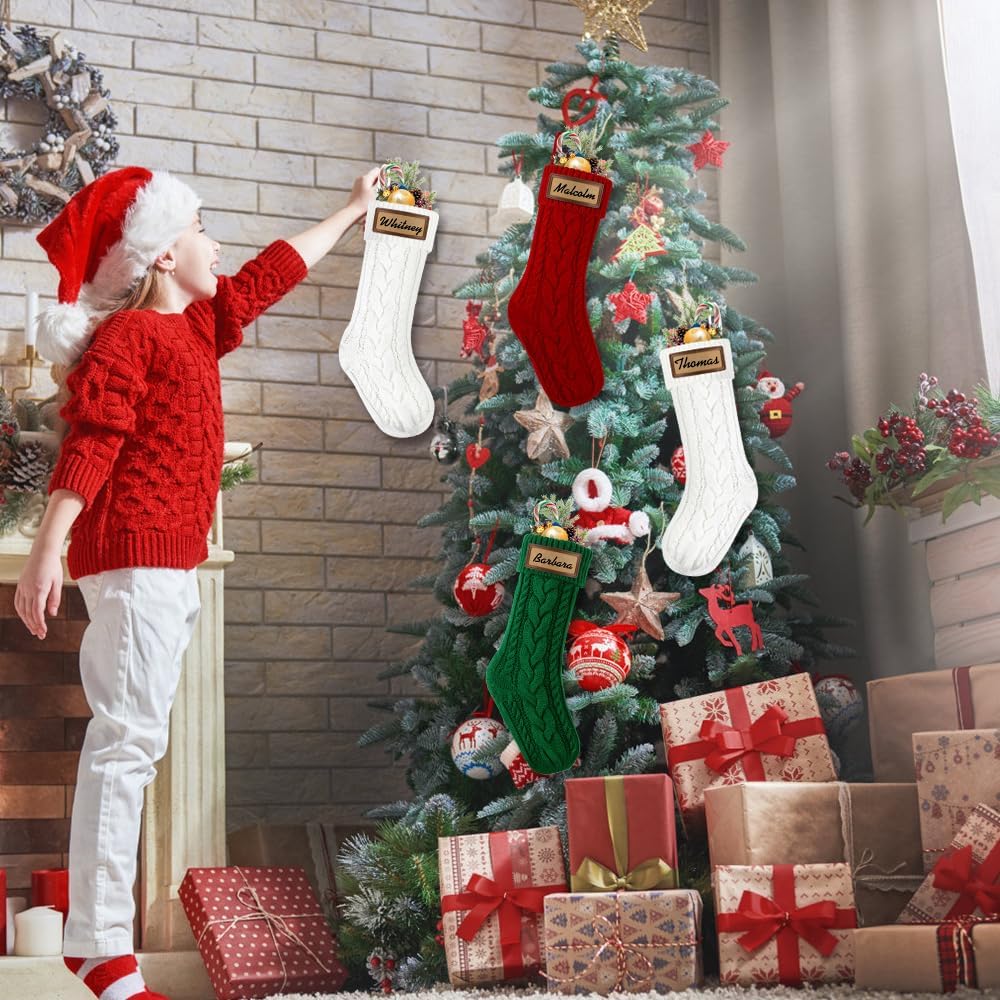 4Pack Christmas Stocking with Leather Patches,18” Personalized Hanging Large Cable Knitted Custom Name Xmas Red Green White Stockings for Christmas Family Party Fireplace Decor - Image 7