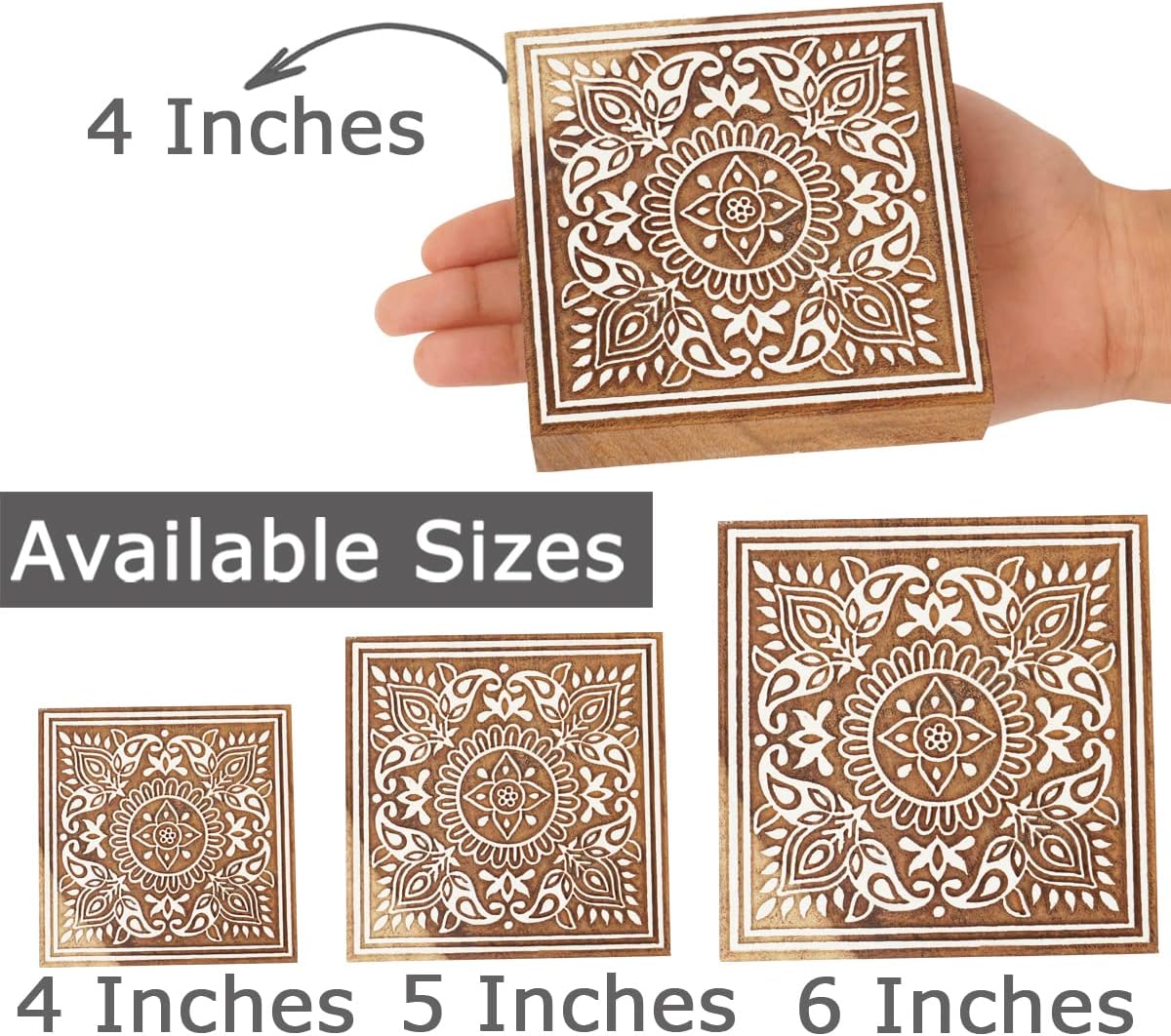 IBA Indianbeautifulart Textile Printing Block Asian Square Detailed Block Hand Carved Wooden Stamp Wood Block Printing Textile Stamp for Fabric/Pottery Blocks- 6 Inches