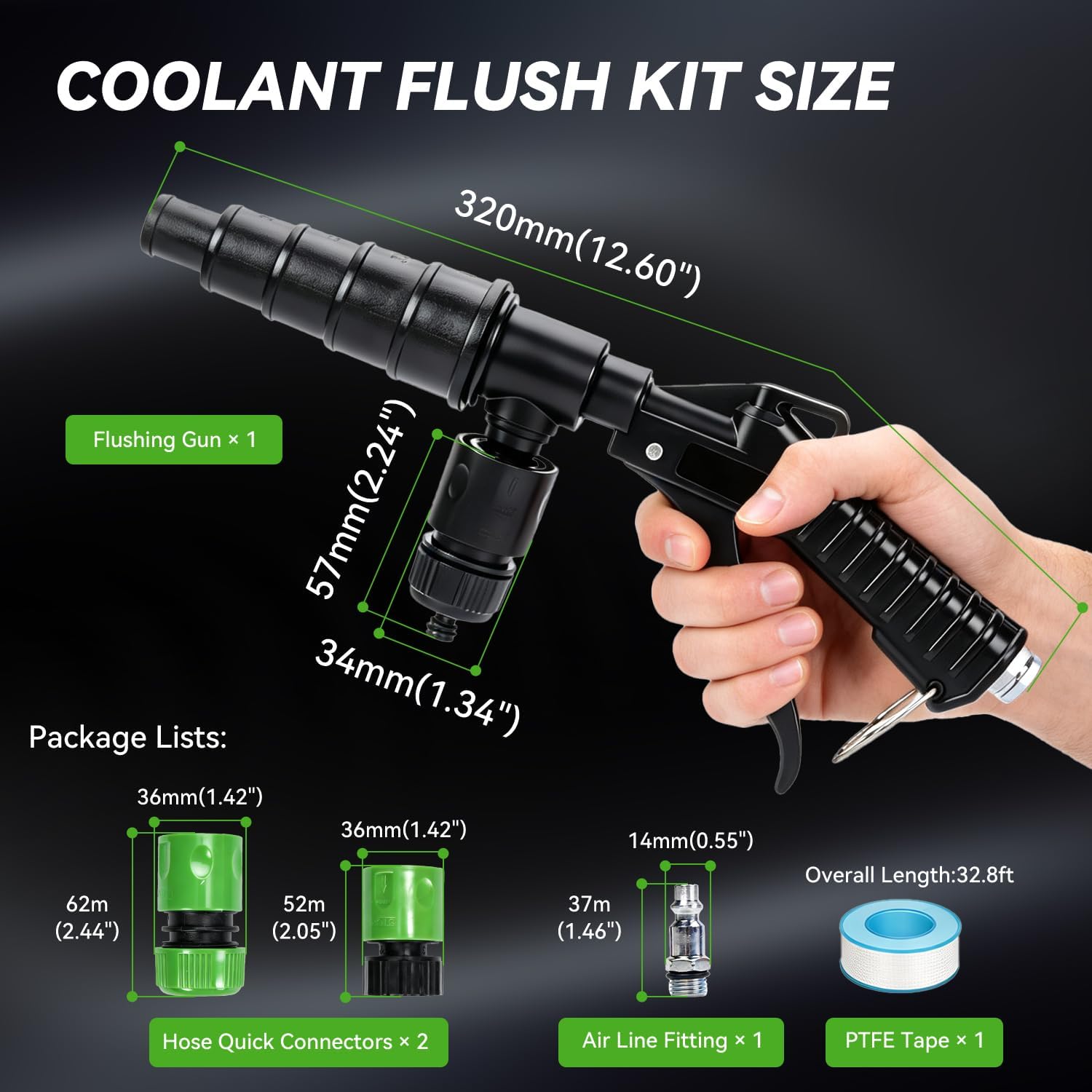 Coolant Flush Gun - Lever Action Heater Core & Radiator Flush Kit with 1/2" 5/8" 3/4" Garden Hose Adapters, Air/Water Combo Cooling System Tool, Includes Multi-Size Nozzles for 19-40 mm Hoses