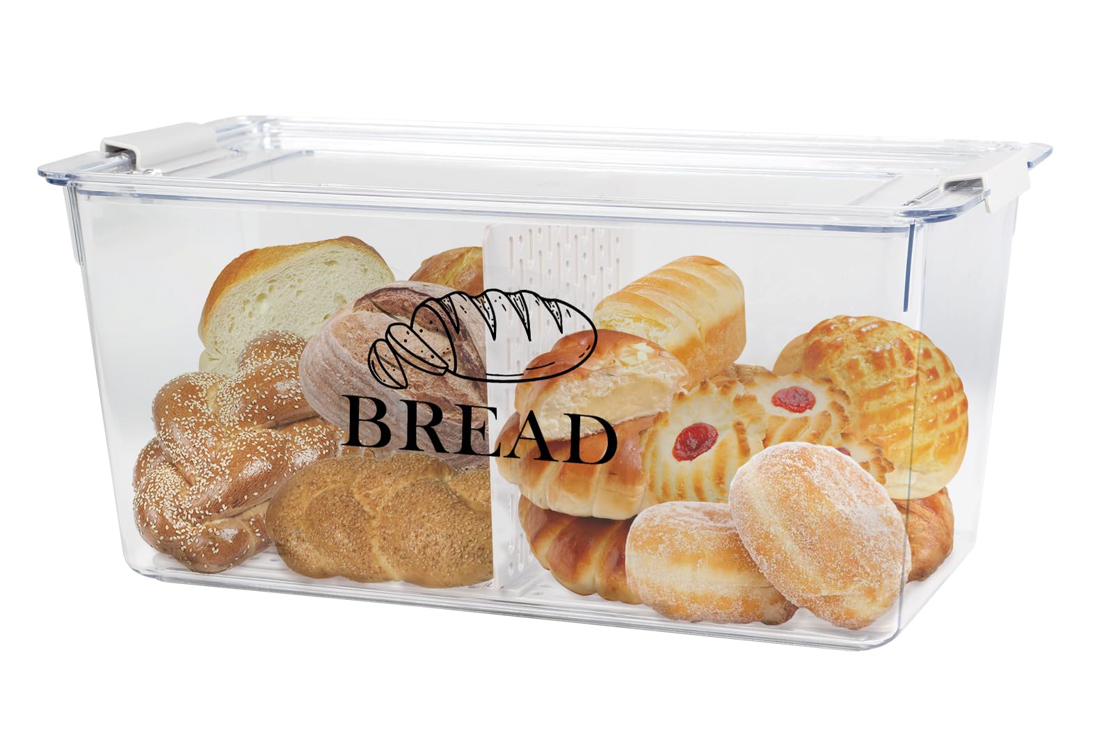 Gzsekken Plastic Bread Container,Bread Bins for Kitchen Airtight Bread Box with Lid,2 Grid Bread Storage Container Clip Locking BPA-Free Food Container Bread Keeper for Homemade Bread Toast, Bagel