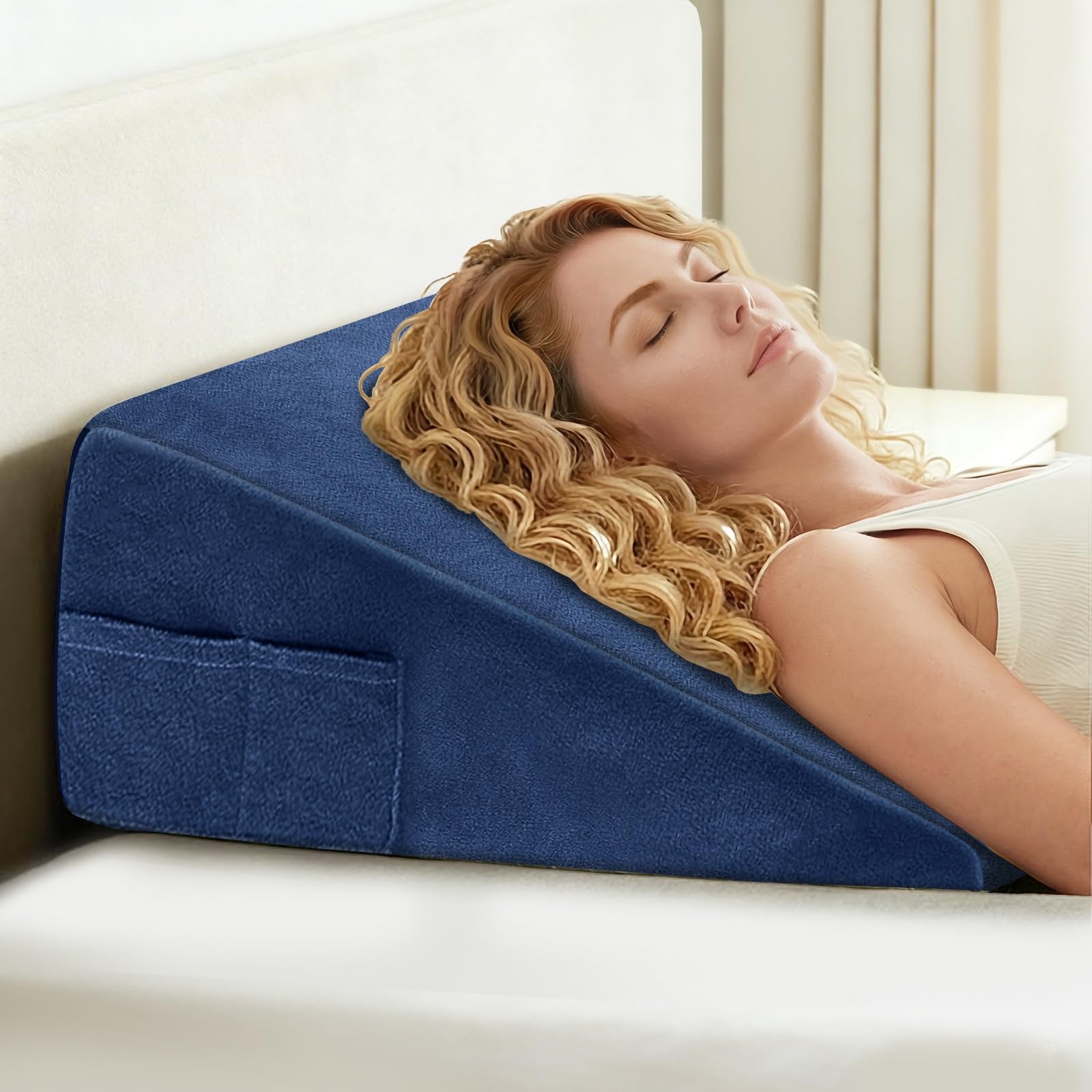 OAISZ Wedge Pillow, 7.5 Inch Bed Wedge Pillow for Headboard, After Surgery, Sleeping，Back Pain Relief, Memory Foam Top, Blue