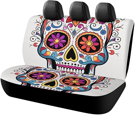 Sugar Skull Car Seat Cover Durable Easy Cleanup Auto Rear Seat Protector for Cars, Trucks SUVs Non-Slip Back Seat Cover Car Interior Accessory