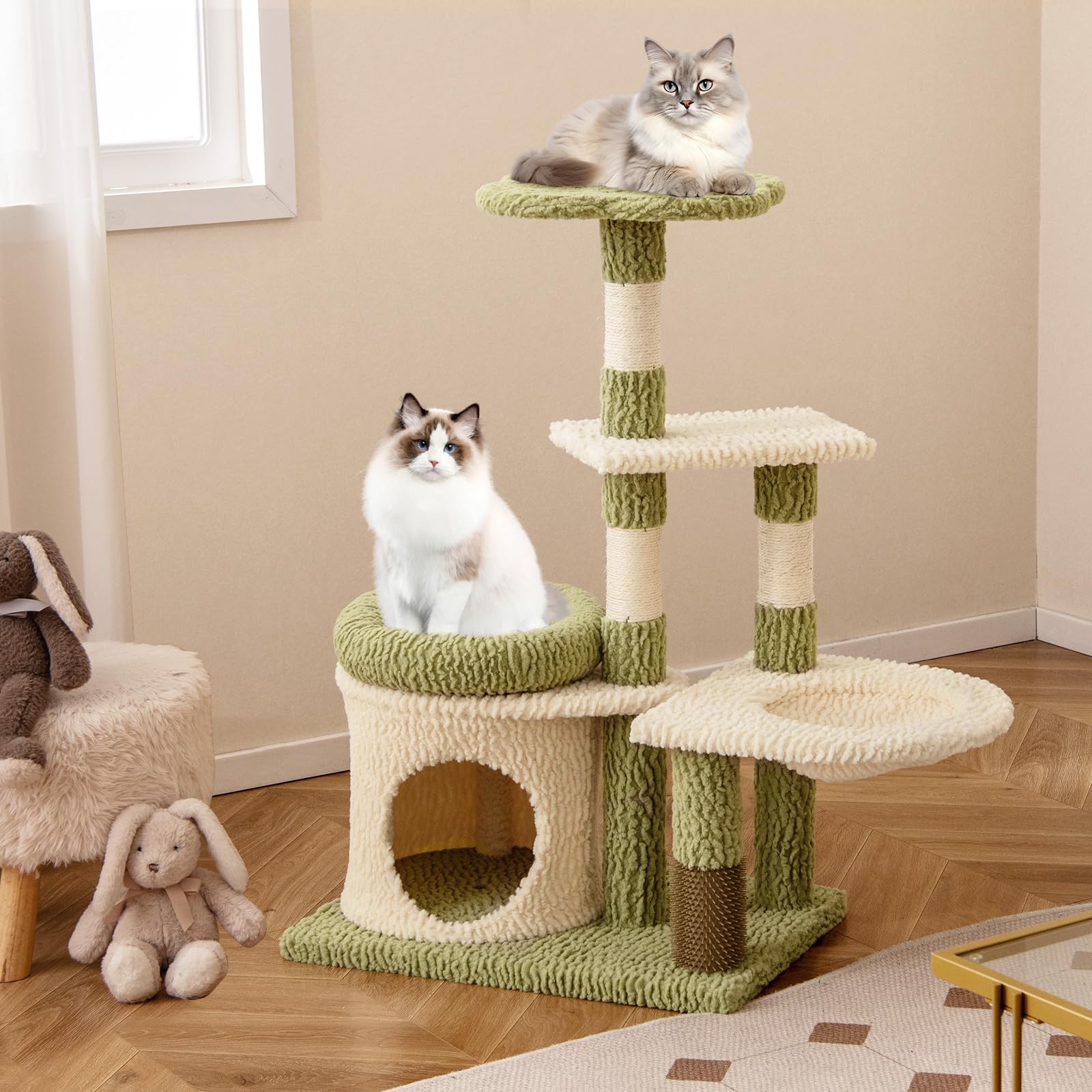 COSTWAY Tiragraffi per Gatto Alto 100 cm, Albero Tiragraffi Gatto con 3 Pali in Sisal, 4 Piattaforme e Grotta, Cuccia Albero Gatto Rivestito in Peluche, Verde e Bianco