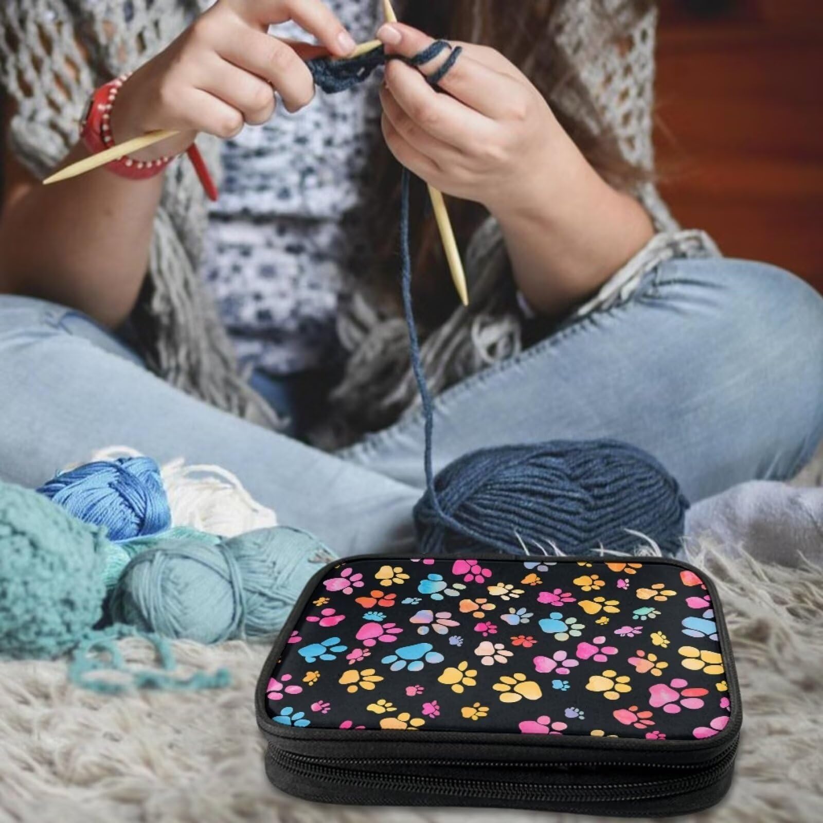 Bivxisrvo Dog Paw Crochet Hook Case with Web Pockets Crochet Storage Organizer Portable Knitting Needle Case for Carrying Circular Knitting Needles,Crochet Hooks,Knitting Accessories,Sewing Tools