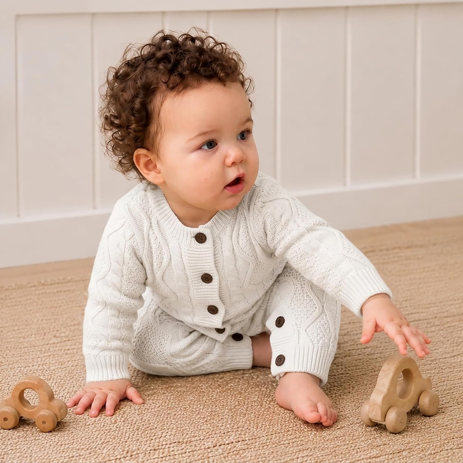 Baby Knit Sweater Romper Newborn Infant Long Sleeve Ribbed Outfit Clothes for Boys Girls with Beanie Hat Set