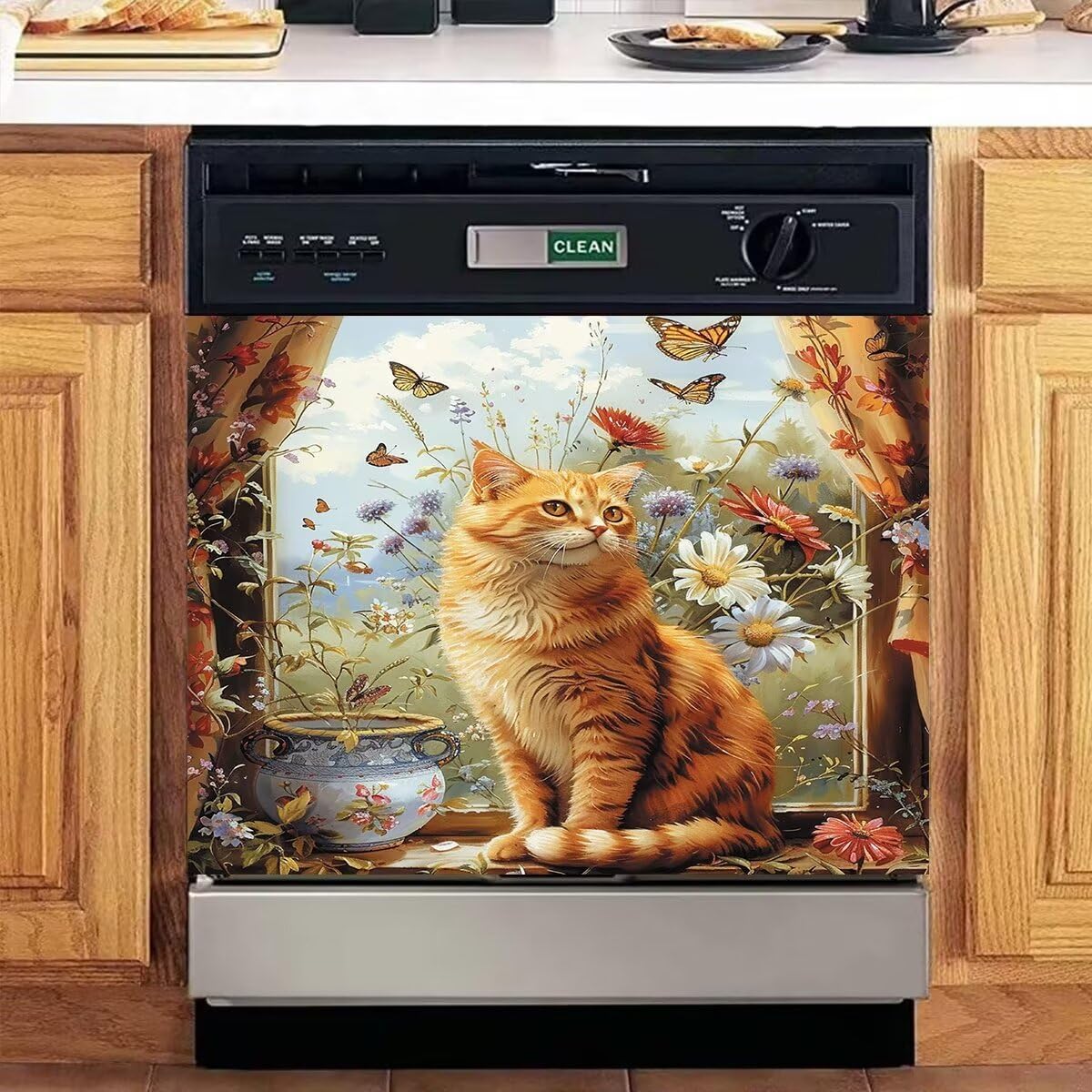 Cat Dishwasher Cover Front Door Magnetic Sticker for Dishwasher, Retro Window Flower and Butterfly Dish Washer Magnet Cover,Fridge Magnets Home Appliance Vinyl Panel Sticker 23Wx26H