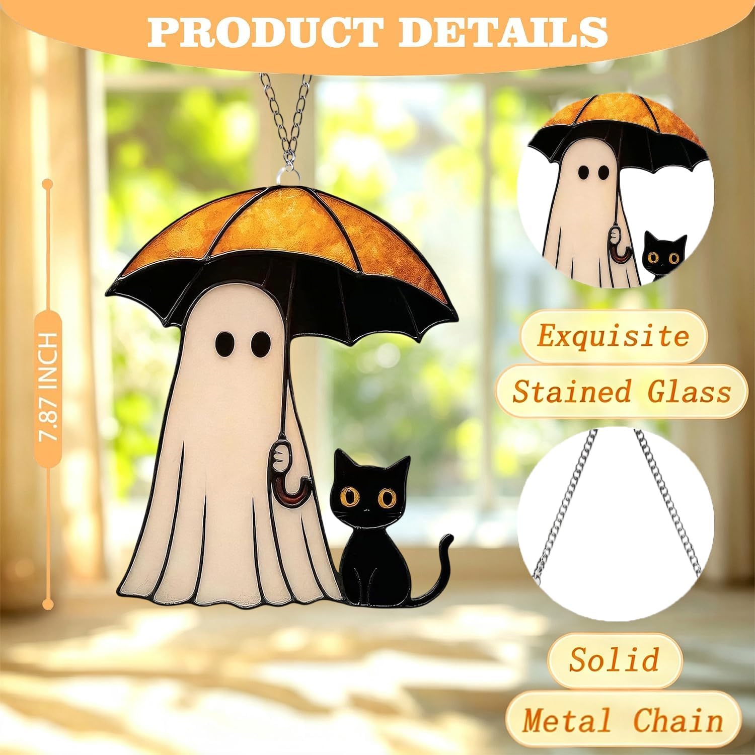 RIICFDD Halloween 8'' Stained Glass Cute Ghost Black Cat Acrylic Suncatcher