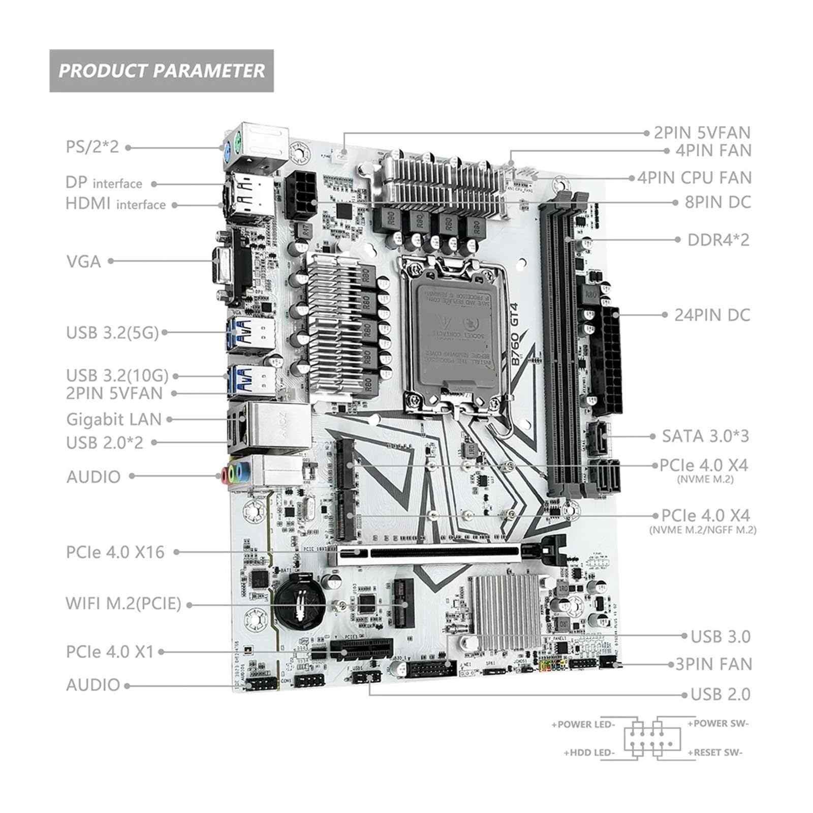 Carte mère B760 GT4 DDR4 LGA 1700 Compatible avec Les processeurs Core i3/i5/i7/i9 12e et 13e génération, mémoire Double Canal