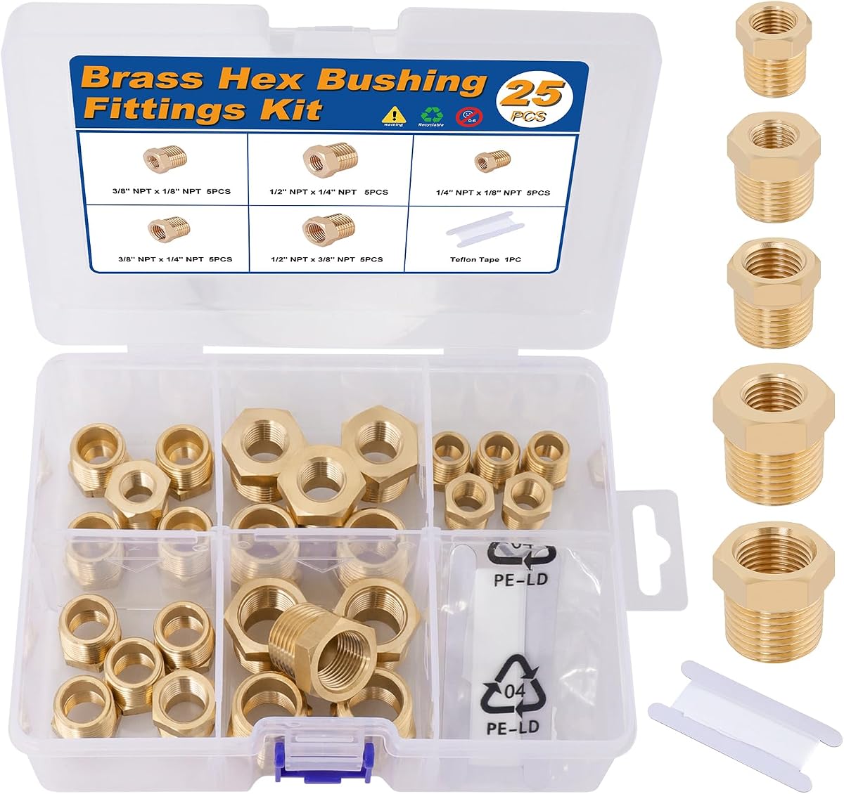 KOOTANS 25PCS Brass Hex Bushing Kit Brass Fittings Assortment 1/4" to 1/8", 3/8" to 1/8", 3/8" to 1/4", 1/2" to 1/4", 1/2" to 3/8" NPT Reducer Pipe Fittings Adapter Fitting