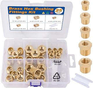 KOOTANS 25PCS Brass Hex Bushing Kit - NPT Reducer Fittings Assortment 1/4" to 1/8", 3/8" to 1/4", 1/2" to 3/8" for Plumbing & Hydraulics