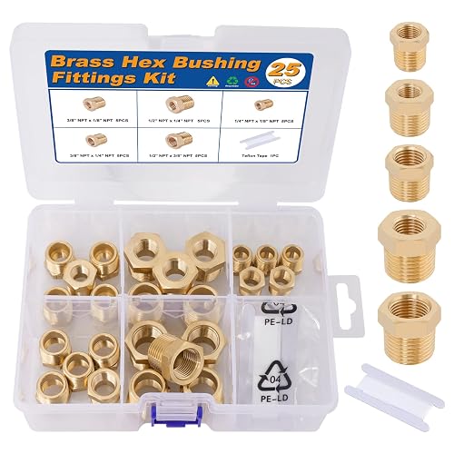 KOOTANS 25PCS Brass Hex Bushing Kit Brass Fittings Assortment 1/4" to 1/8", 3/8" to 1/8", 3/8" to 1/4", 1/2" to 1/4", 1/2" to 3/8" NPT Reducer Pipe Fittings Adapter Fitting