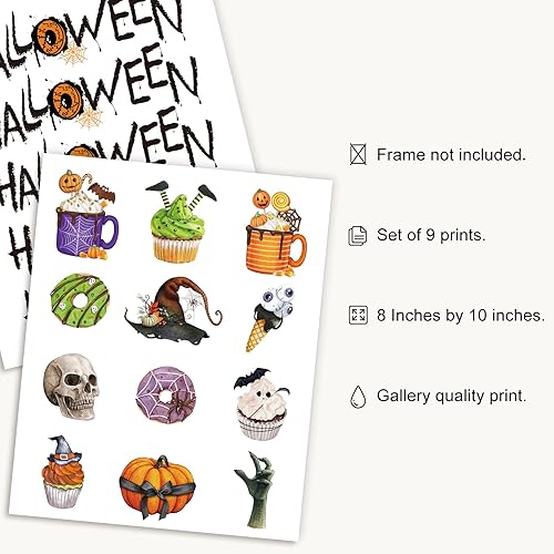 Miniatura 2 de Whaline 9 impresiones artísticas de pared de Halloween de 8 x 10 pulgadas, diseño de murciélago de calabaza, decoración de Halloween, impresiones