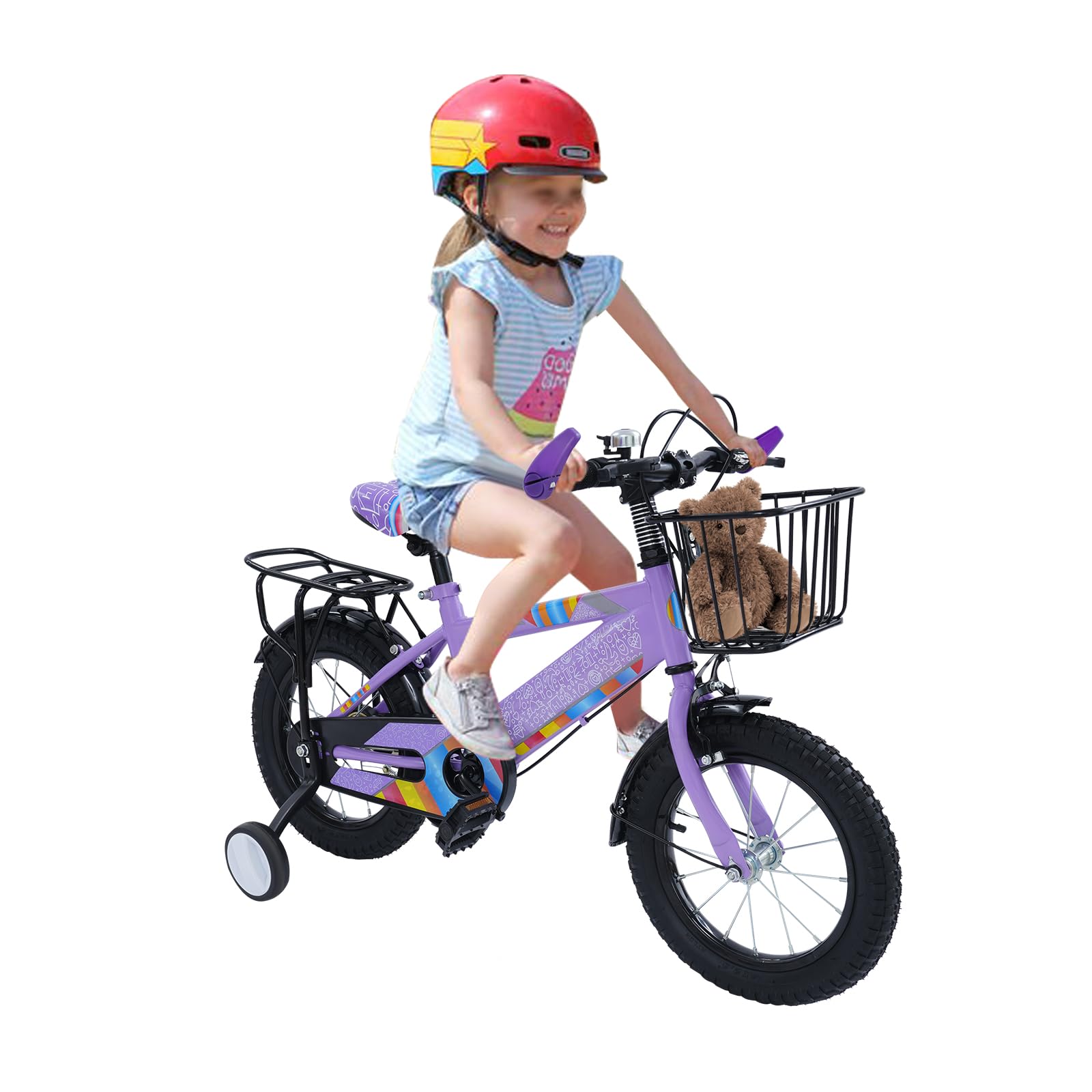Bicicleta infantil de 14 pulgadas con asiento trasero, cesta ajustable y ruedas estabilizadoras, adecuada para niños y niñas de 3 a 6 años y una estatura de 95 a 115 cm, color morado