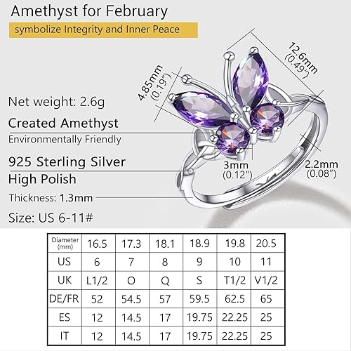 Miniatura 4 de PROSILVER Anillos de mariposa de plata de ley 925 para mujer, hermoso anillo de piedra natal, disponible en enero a diciembre, anillo ajustable,