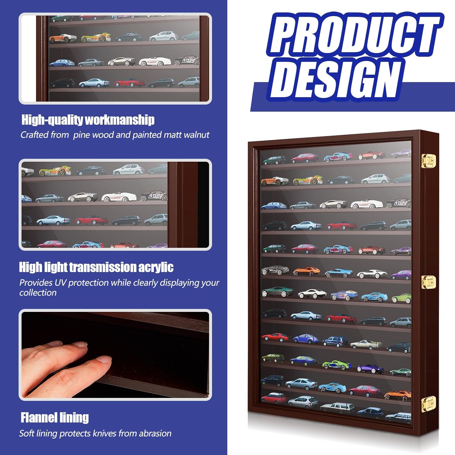 Tatuo Model Car Display Case 1/64 Scale Model Car Display Case Cabinet Rack 26.5" x 18.75" x 3.25" Large Diecast Wall Mounted for Toy Collection Decor(Walnut,with Door)