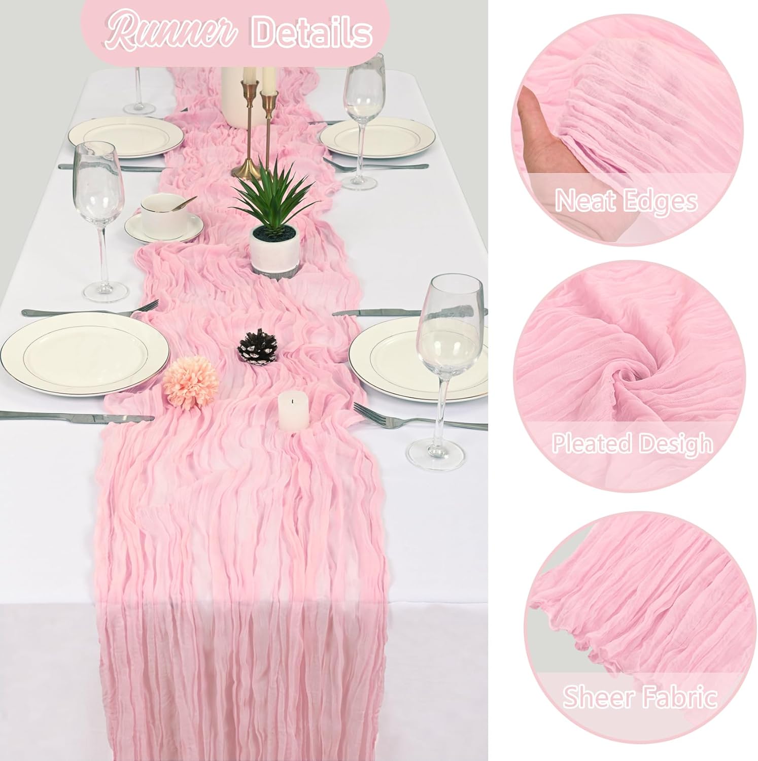 20 Pack Pink Cheesecloth Table Runner 10FT Boho Gauze Fabric Cheese Cloth Table Runners for Wedding ,Party,Baby Shower, Bridal Party, Rustic Farmhouse and Table Decorations