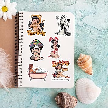 50Pcs Vintage Female Style Stickers, Retro Motorcycle Girl Stickers Pack for Adults, Cute Girl Illustrations Vinyl Decals for Laptop, Water Bottle, Journal, Luggage, and More