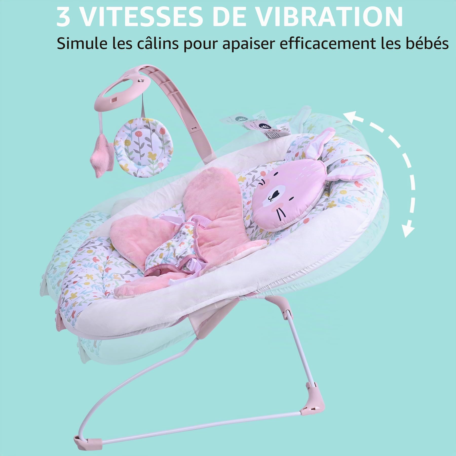 LADIDA Transat pour bébé de la naissance à 6 mois, balancelle bébé avec 3 vitesses et 8 chansons apaisantes, siège vibrant pour nourrisson avec barre de jeux amovible, portable et léger (Lapin Rose)
