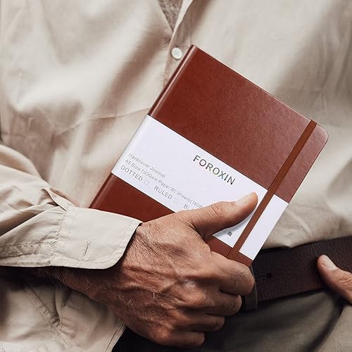 Miniatura 6 de Cuaderno cuadriculado con diseño de viñetas, cubierta de cuero marrón, 8.3 x 5.7 pulgadas, 160 páginas, papel de 3.53 ozm, tapa dura con bolsillo