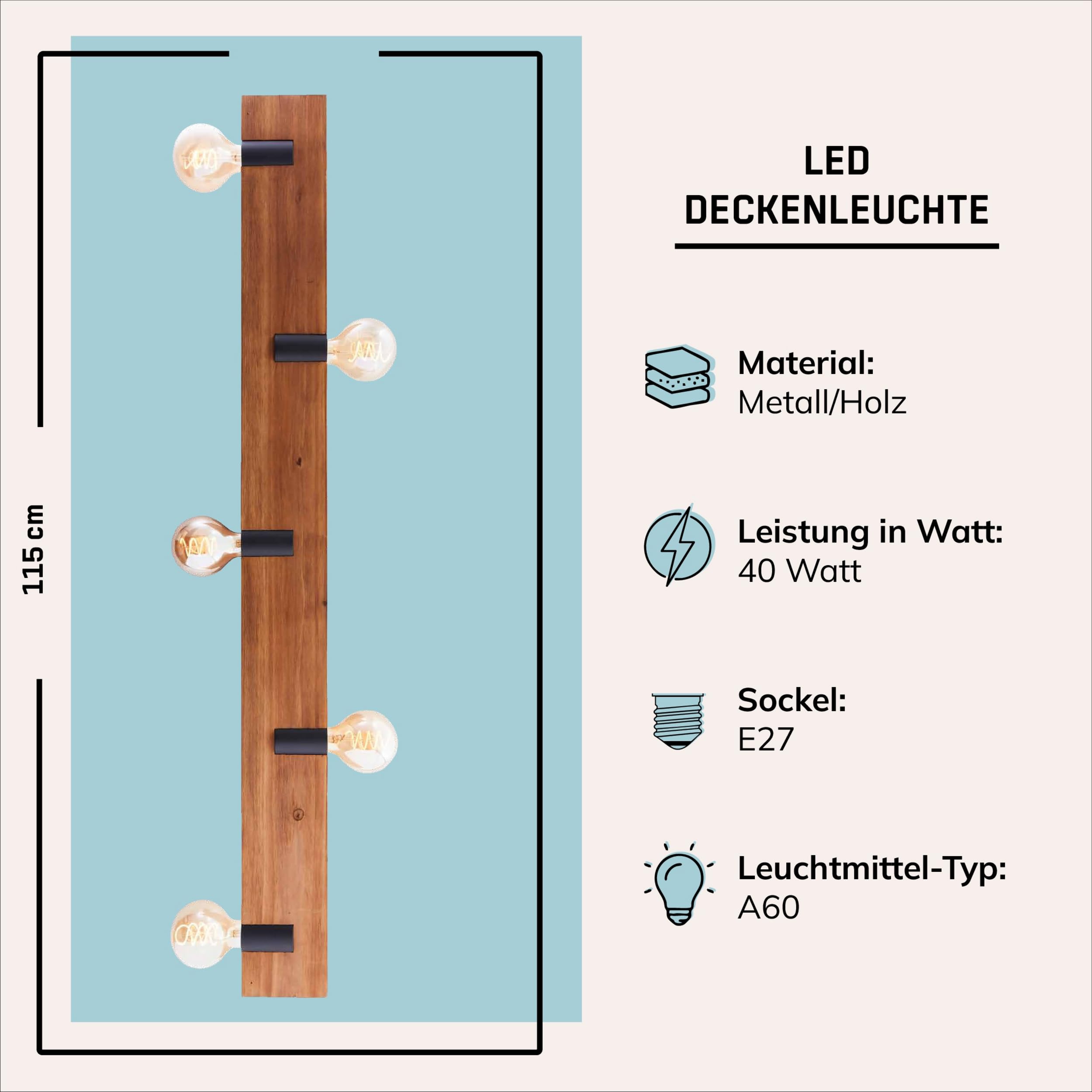 Lightbox Deckenlampe 5-flammig, Landhausstil, Holz